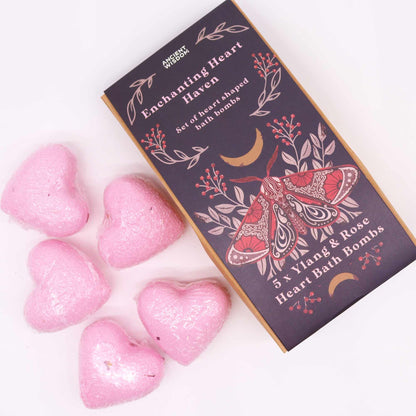 Enchanting Heart Heaven Bath Heart Gift Set | 5 Heart Bath Bombs | Ylang and Rose | Vegan | Handmade England | New