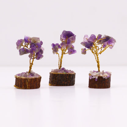 Mini Amethyst Gemstone Tree on Wood Base | 15 Stones | 4x3x6cm | New