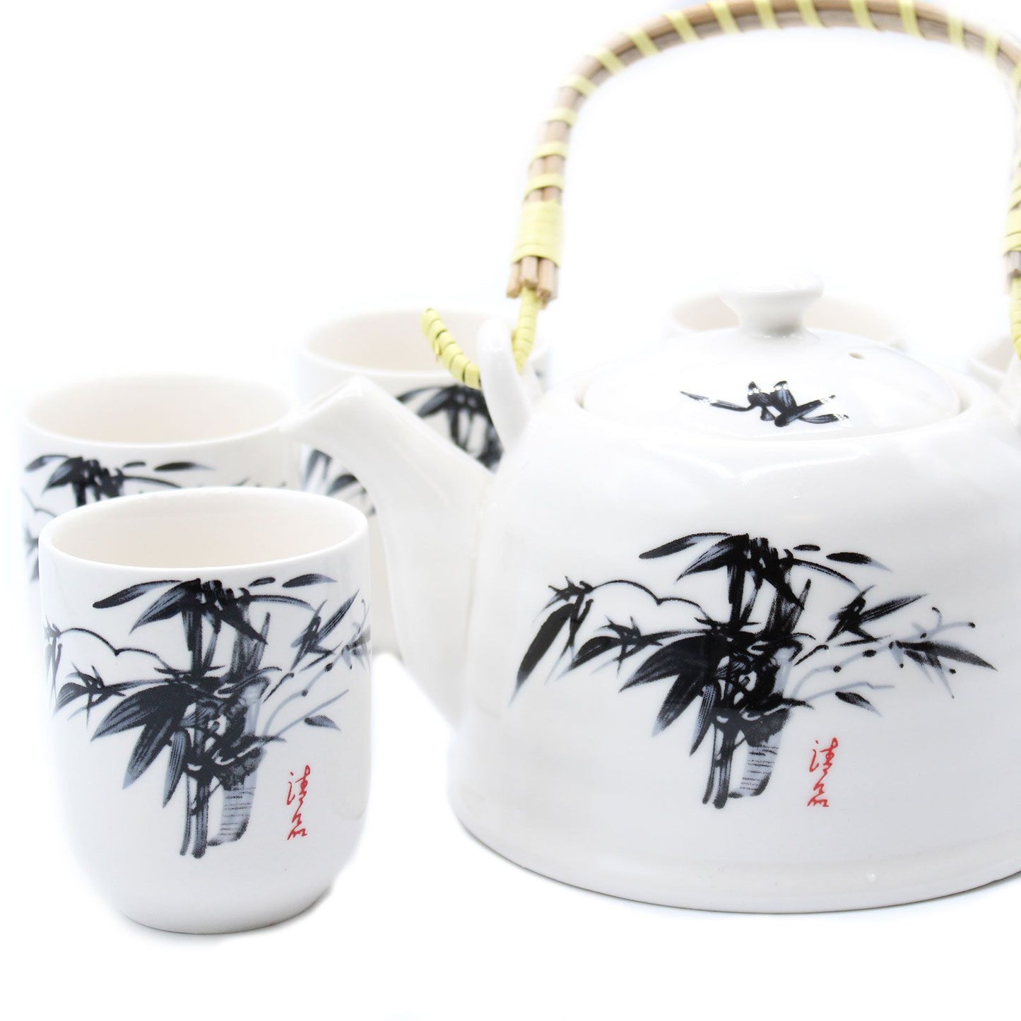 White Stone Bamboo Design Ceramic Herbal Teapot Set 7 Piece | Elegant Oriental Tea Lover Gift