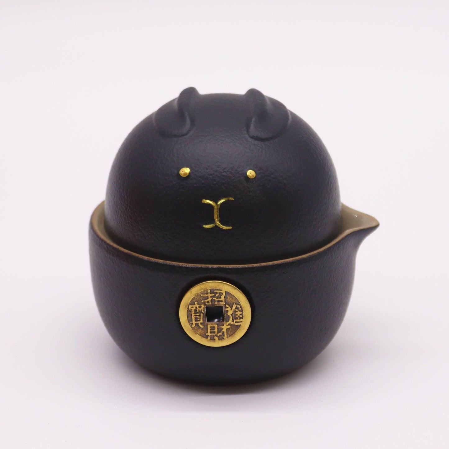 Money Cat Teapot and Cup Travel Set | Black Ceramic | 3 Piece | Lucky Cat Gift Pack | Good Fortune