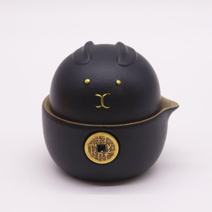 Money Cat Teapot and Cup Travel Set | Black Ceramic | 3 Piece | Lucky Cat Gift Pack | Good Fortune