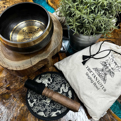 Lotus Flower Singing Bowl Gift Set | Hand Beaten and Engraved | 14cm | Brass | New
