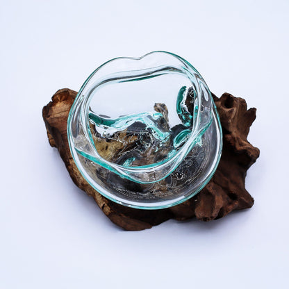 Molten Glass Wavy Bowl on Driftwood | Handmade Balinese Art | 18cm | 8.5x10x15cm | New