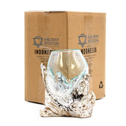 Molten Glass on Whitewash Wood | Medium Bowl | Handmade in Bali | 16x12x12cm | New