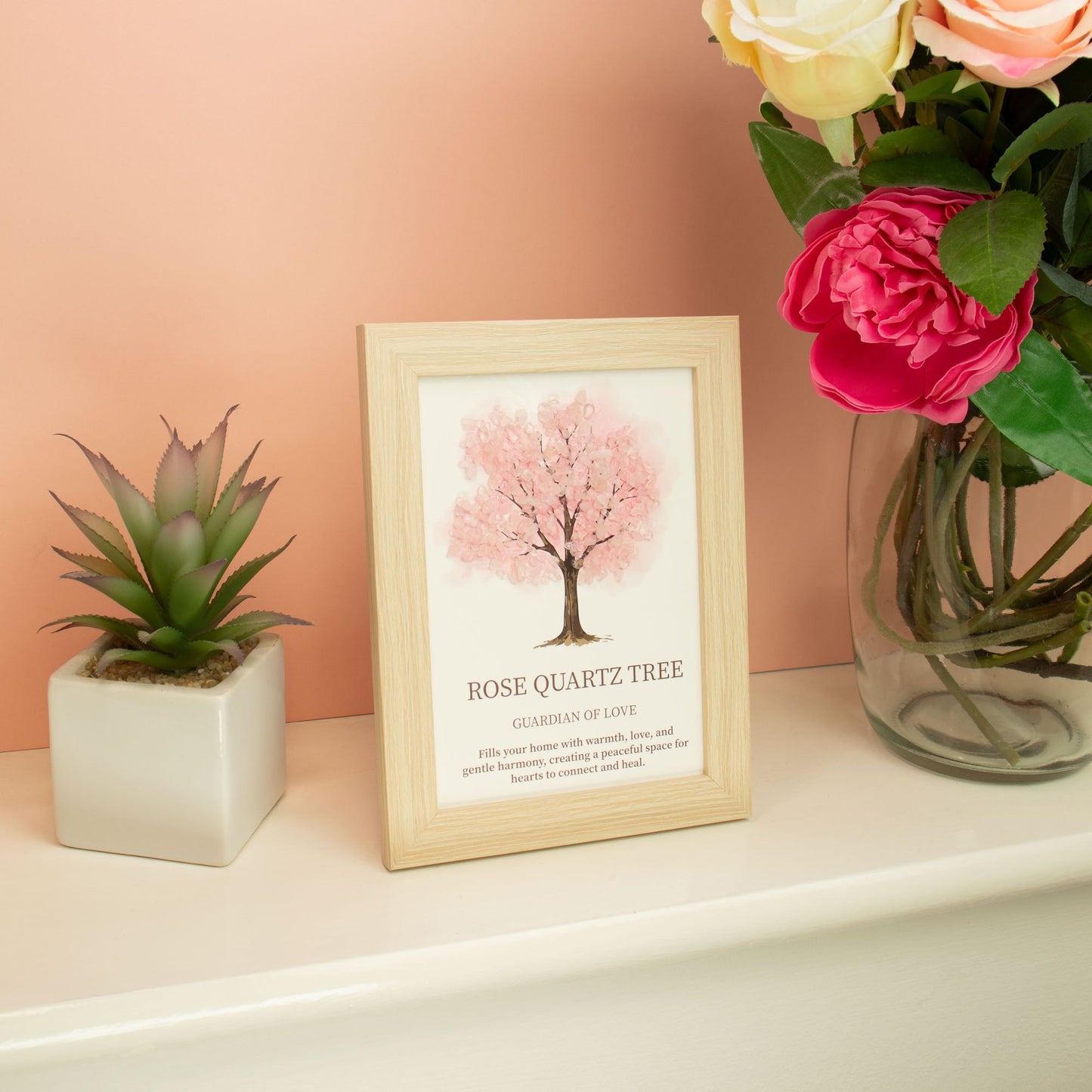 Rose Quartz Gemstone Tree of Life Picture | Crystal Wall Art | 20x14.7cm | Framed | New