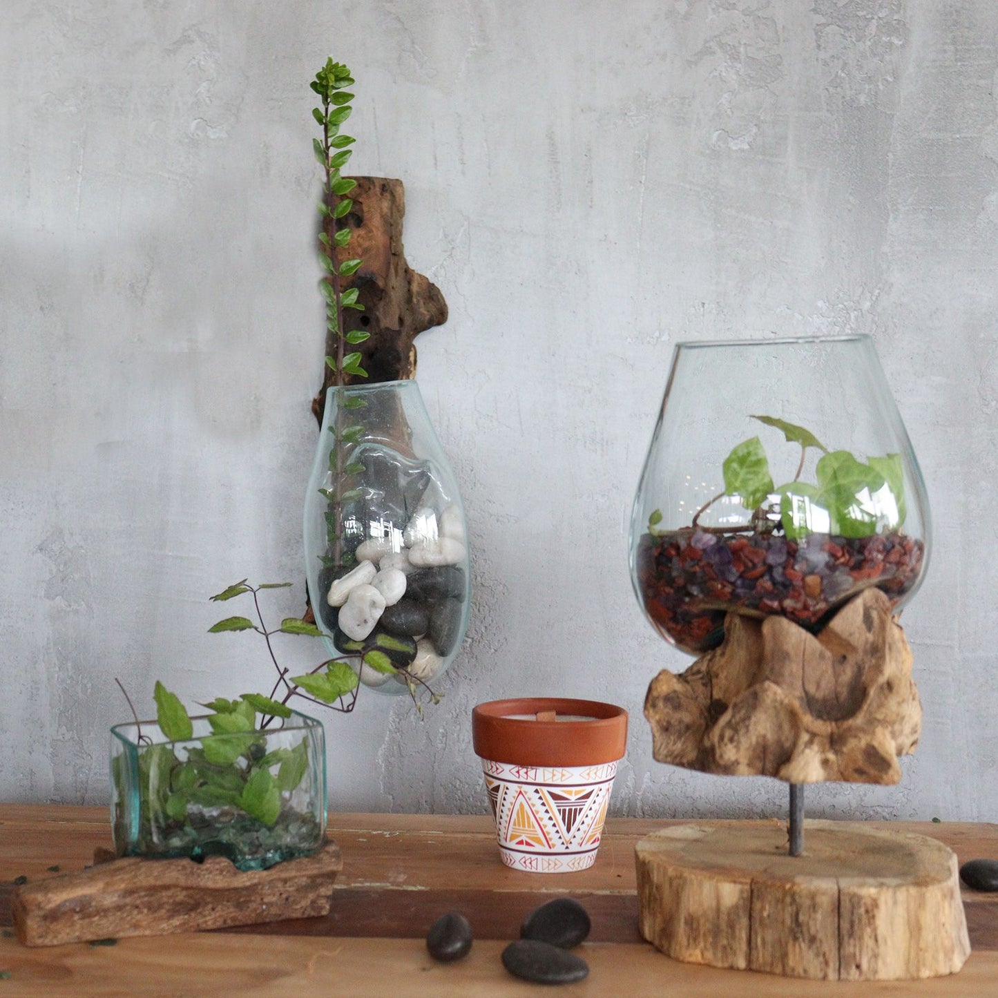 Molten Glass Hanging Bowl on Driftwood | Handmade Balinese Art | 15x24x24cm | New