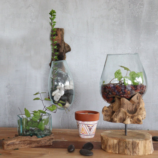 Molten Glass Hanging Bowl on Driftwood | Handmade Balinese Art | 15x24x24cm | New