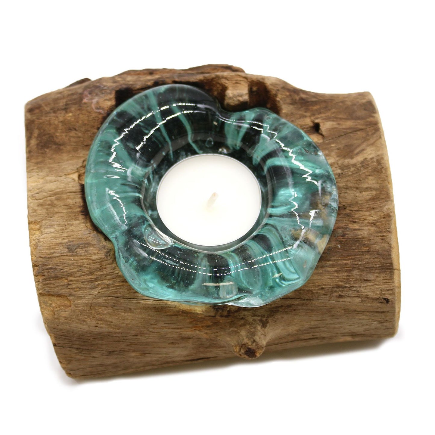 Molten Glass Candle Single Holder on Driftwood | Handmade in Bali | 14x17x9cm | New
