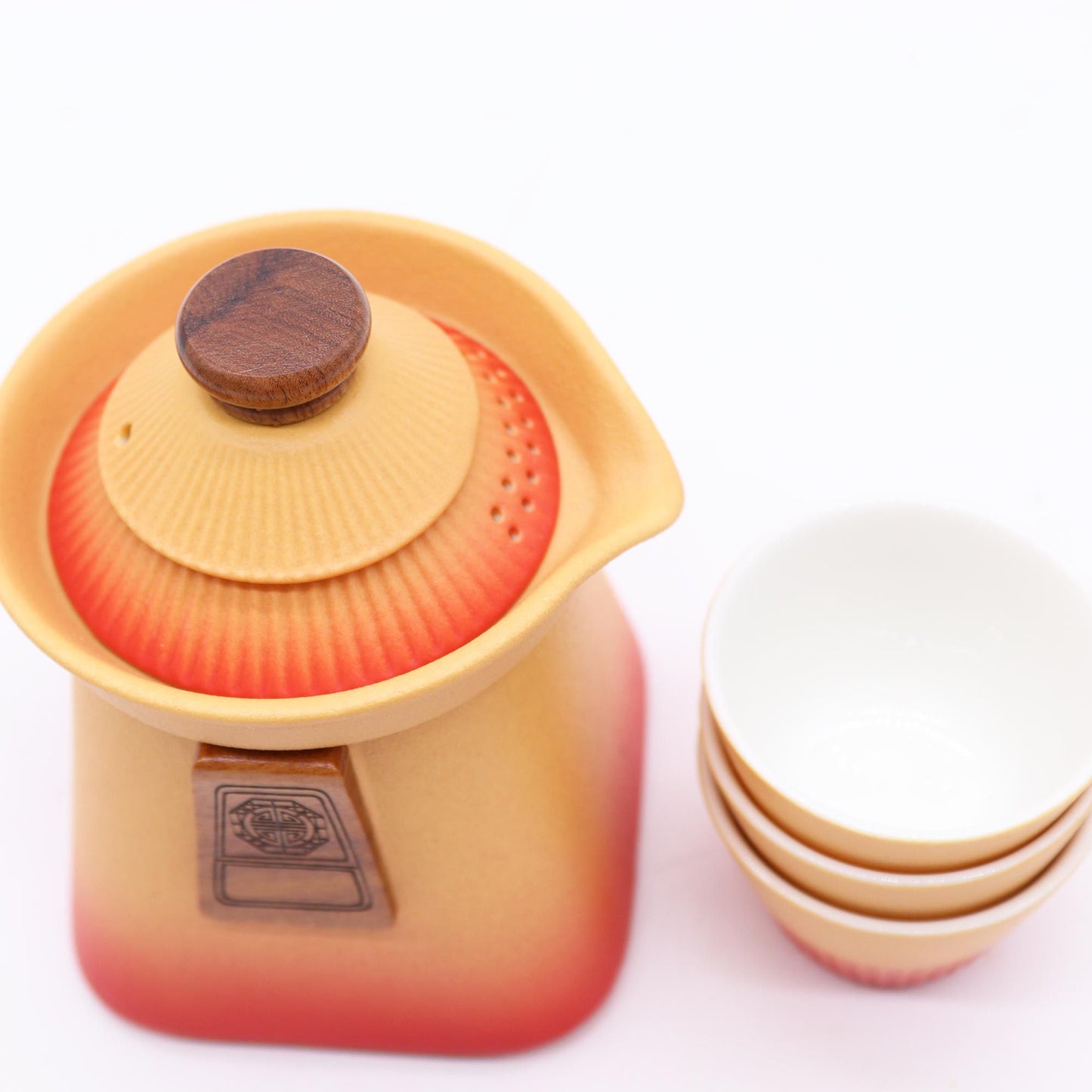 Orange Earth Ceramic Temple Teapot Set 4 Piece | 1 Pot and 3 Cups | Cultural Tea Lover Gift
