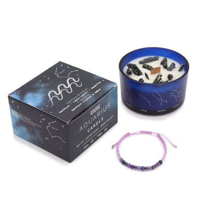 Aquarius Birthday Zodiac Candle and Crystal Bracelet Gift Set | Soy Wax | Amethyst and Lapis Lazuli and Hematite