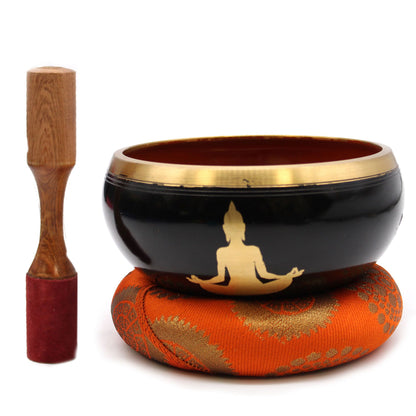 Buddha Singing Bowl Set | Black and Orange | 14cm | Brass | New