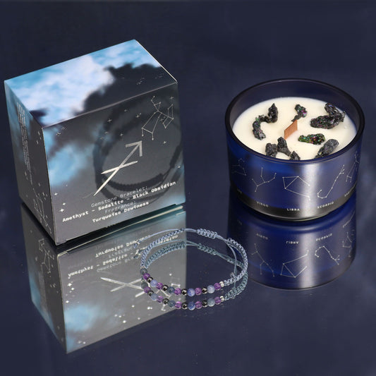 Sagittarius Birthday Zodiac Candle and Crystal Bracelet Gift Set | Soy Wax | Amethyst and Sodalite and Black Obsidian