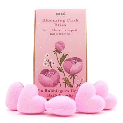 Blooming Pink Bliss Bath Heart Gift Set | 5 Heart Bath Bombs | Bubblegum | Vegan | Handmade England | New