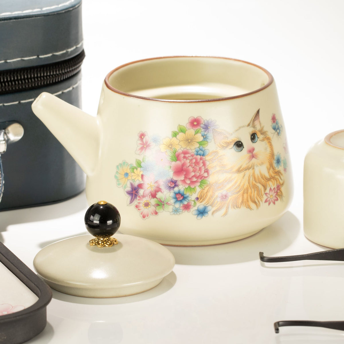 Cat Design Travel Teapot Set | Cat Lover Gift | Teapot and Two Cups