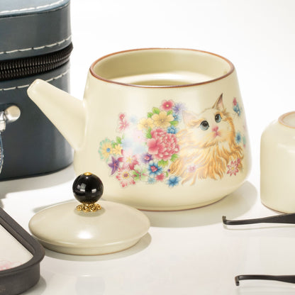 Cat Design Travel Teapot Set | Cat Lover Gift | Teapot and Two Cups