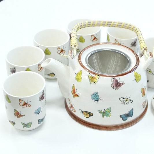 Butterfly Ceramic Herbal Teapot Set 7 Piece | Artisan Style | Nature Inspired Tea Lover Gift Set