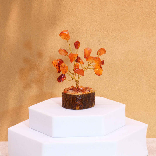 Mini Carnelian Gemstone Tree on Wood Base | 15 Stones | 4x3x6cm | New