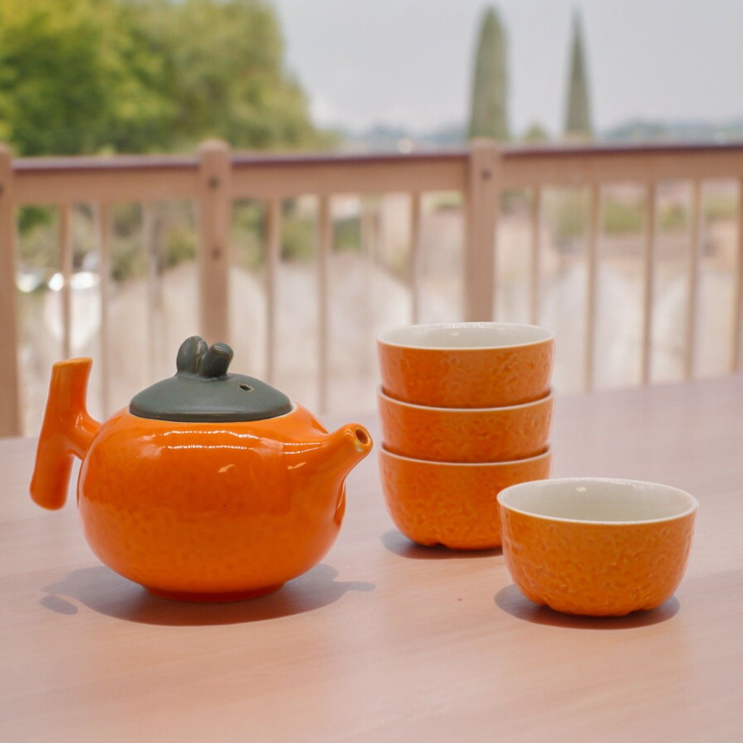 Orange Ceramic Herbal Teapot Set 5 Piece | 1 Pot and 4 Cups | Vibrant Artisan Tea Lover Gift