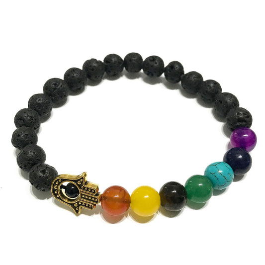 Hamsa Chakra Lava Stone Bracelet | Hamsa Hand Charm | Essential Oil Diffuser Beads | Stretch Fit | Unisex
