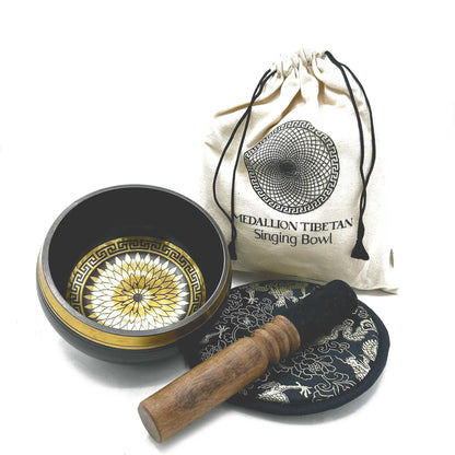 Round Medallions Singing Bowl Gift Set | Hand Beaten and Engraved | 14cm | Brass | New