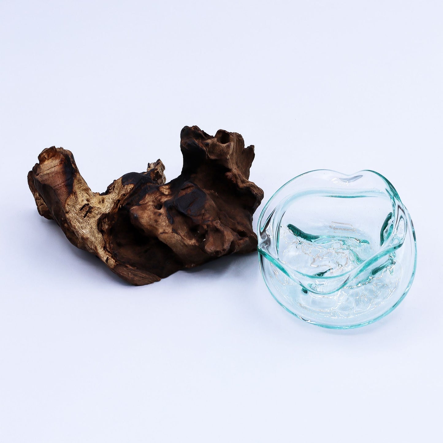 Molten Glass Wavy Bowl on Driftwood | Handmade Balinese Art | 18cm | 8.5x10x15cm | New