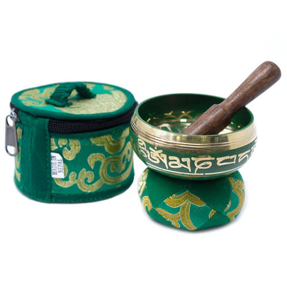 Mini Singing Bowl Gift Set | Green | Hand-Painted | Brass | Pouch and Box | New