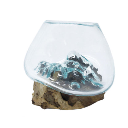 Molten Glass Small Bowl on Driftwood | Handmade in Bali | 13x12.5x10cm | New