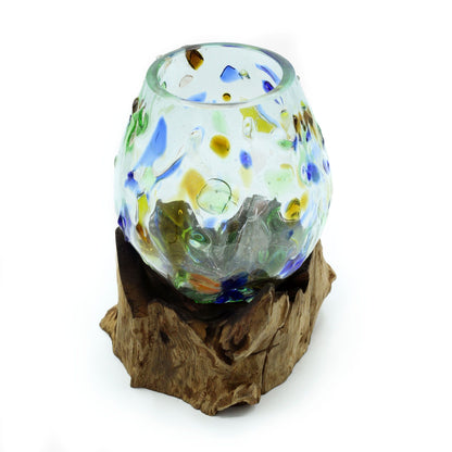 Molten Coloured Glass Bowl on Driftwood | Medium | Handmade Balinese Art | 18x13x12cm | New