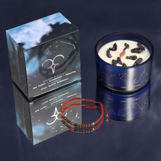 Aries Birthday Zodiac Candle and Crystal Bracelet Gift Set | Soy Wax | Red Jasper and Bloodstone and Hematite