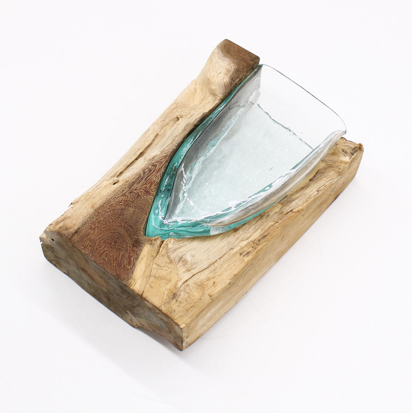Molten Glass V-Shaped Art Vase on Driftwood | 650ml | Handmade in Bali | New