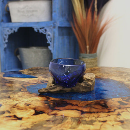 Molten Glass Mini Blue Bowl on Driftwood | Handmade in Bali | 12x6x7cm | New