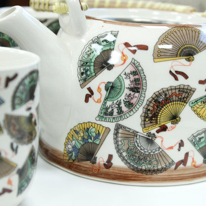 Chinese Fan Design Ceramic Herbal Teapot Set 7 Piece | Artisan Style | Elegant Cultural Tea Gift