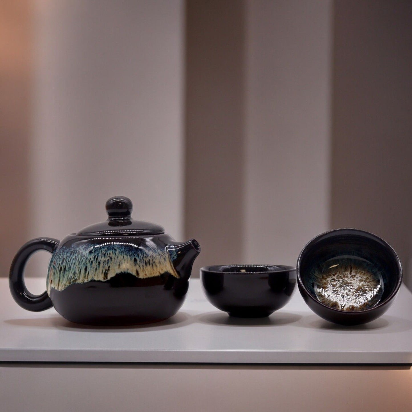 Black Glaze Ceramic Herbal Teapot Set 3 Piece | 1 Pot and 2 Cups | Sleek Tea Lover Gift