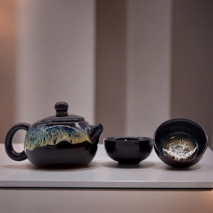 Black Glaze Ceramic Herbal Teapot Set 3 Piece | 1 Pot and 2 Cups | Sleek Tea Lover Gift