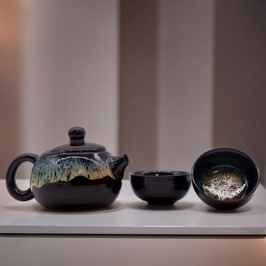 Black Glaze Ceramic Herbal Teapot Set 3 Piece | 1 Pot and 2 Cups | Sleek Tea Lover Gift
