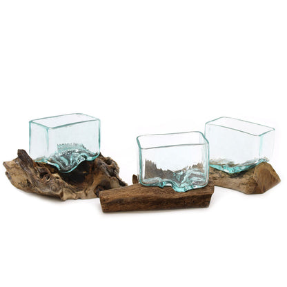 Molten Glass Tank on Driftwood with Stand | Small Bowl | Handmade in Bali | 9x14.5x5.5cm | New