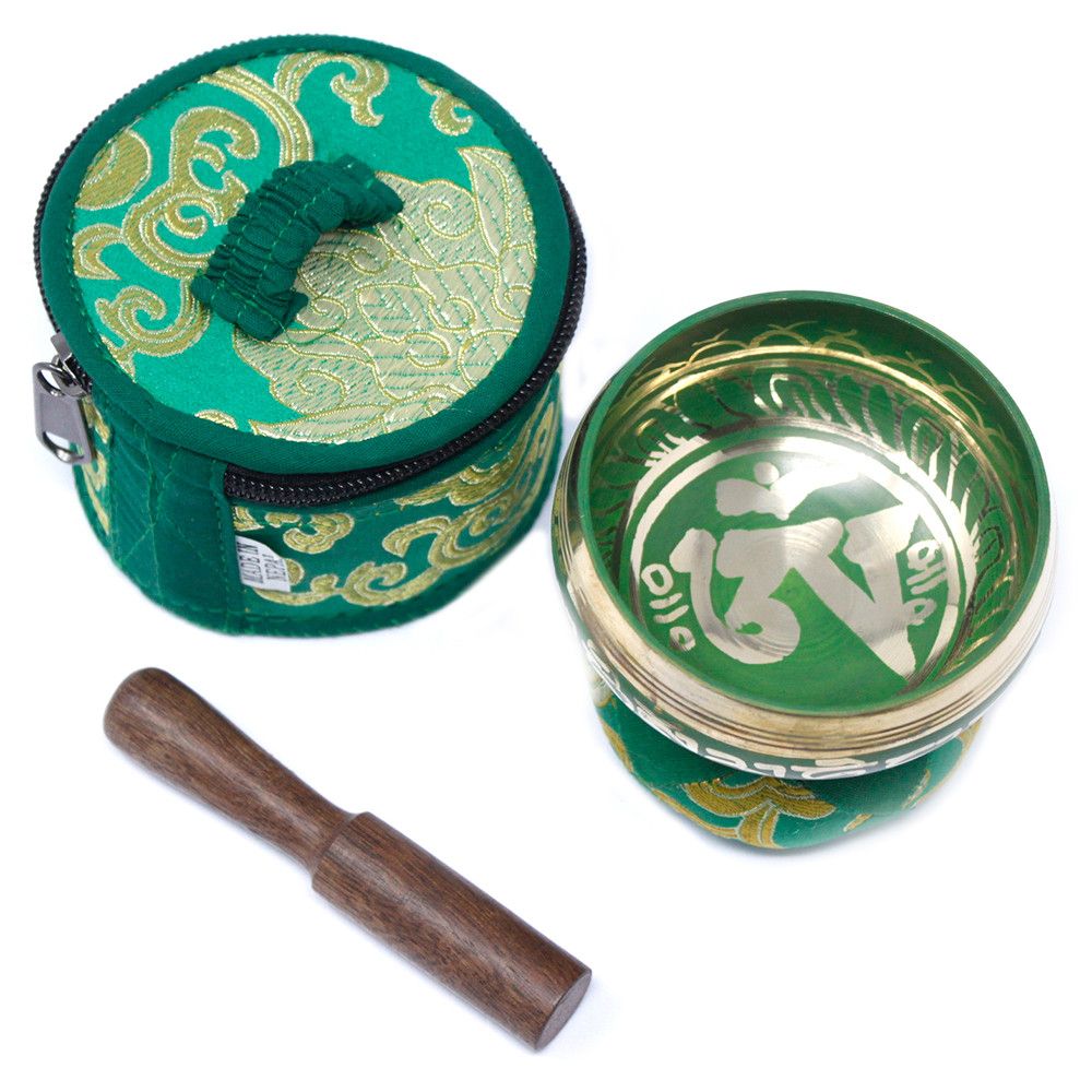 Mini Singing Bowl Gift Set | Green | Hand-Painted | Brass | Pouch and Box | New