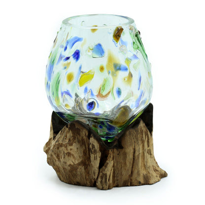Molten Coloured Glass Bowl on Driftwood | Medium | Handmade Balinese Art | 18x13x12cm | New