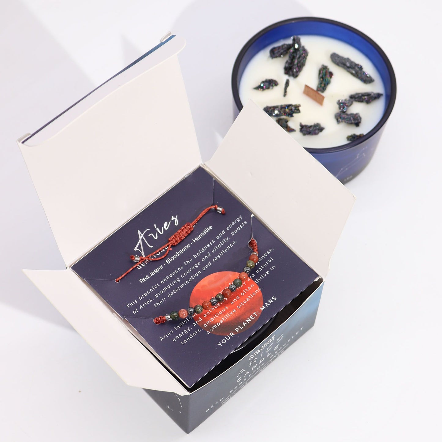 Aries Birthday Zodiac Candle and Crystal Bracelet Gift Set | Soy Wax | Red Jasper and Bloodstone and Hematite