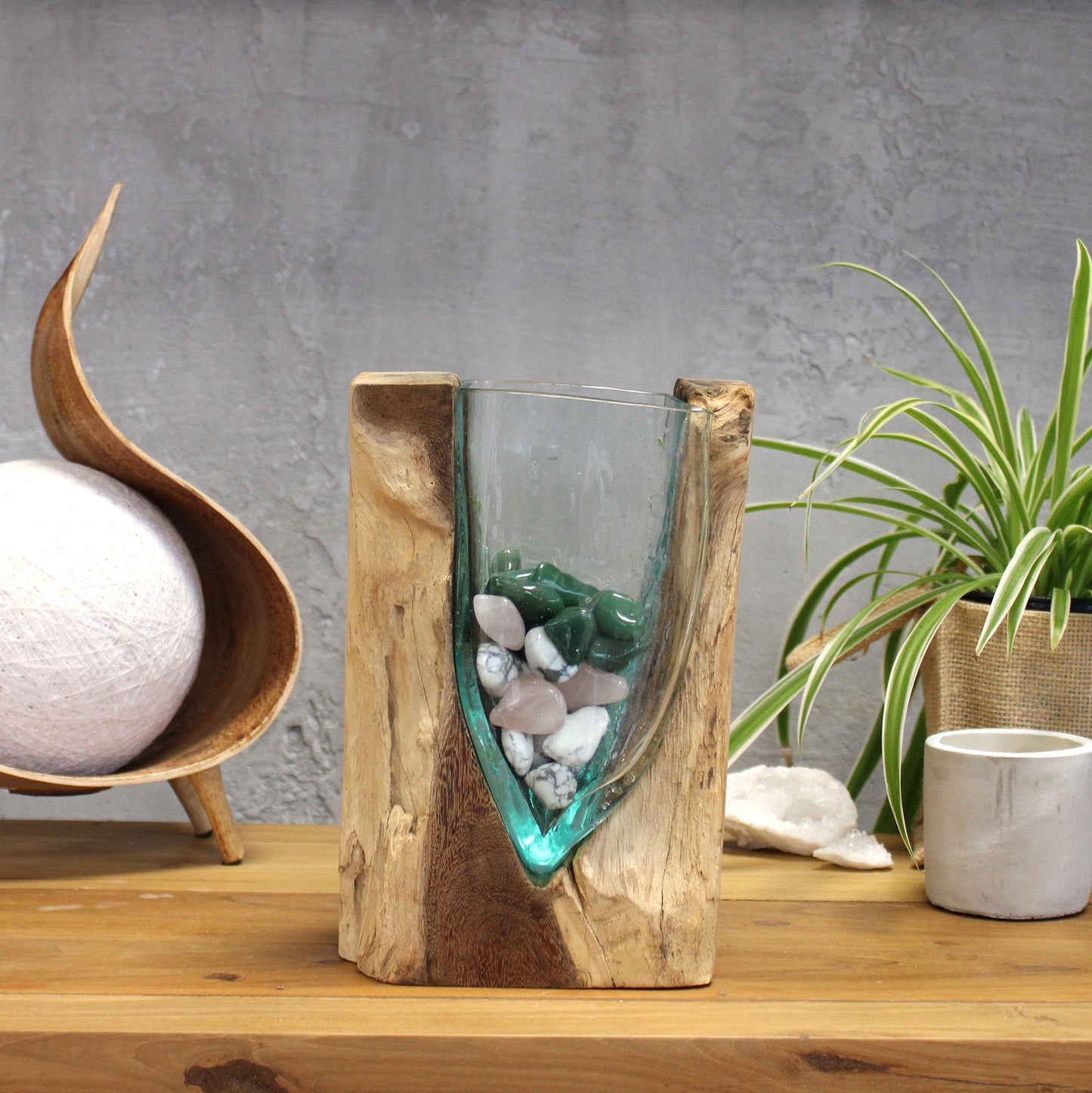 Molten Glass V-Shaped Art Vase on Driftwood | 650ml | Handmade in Bali | New