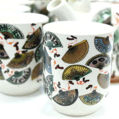 Chinese Fan Design Ceramic Herbal Teapot Set 7 Piece | Artisan Style | Elegant Cultural Tea Gift