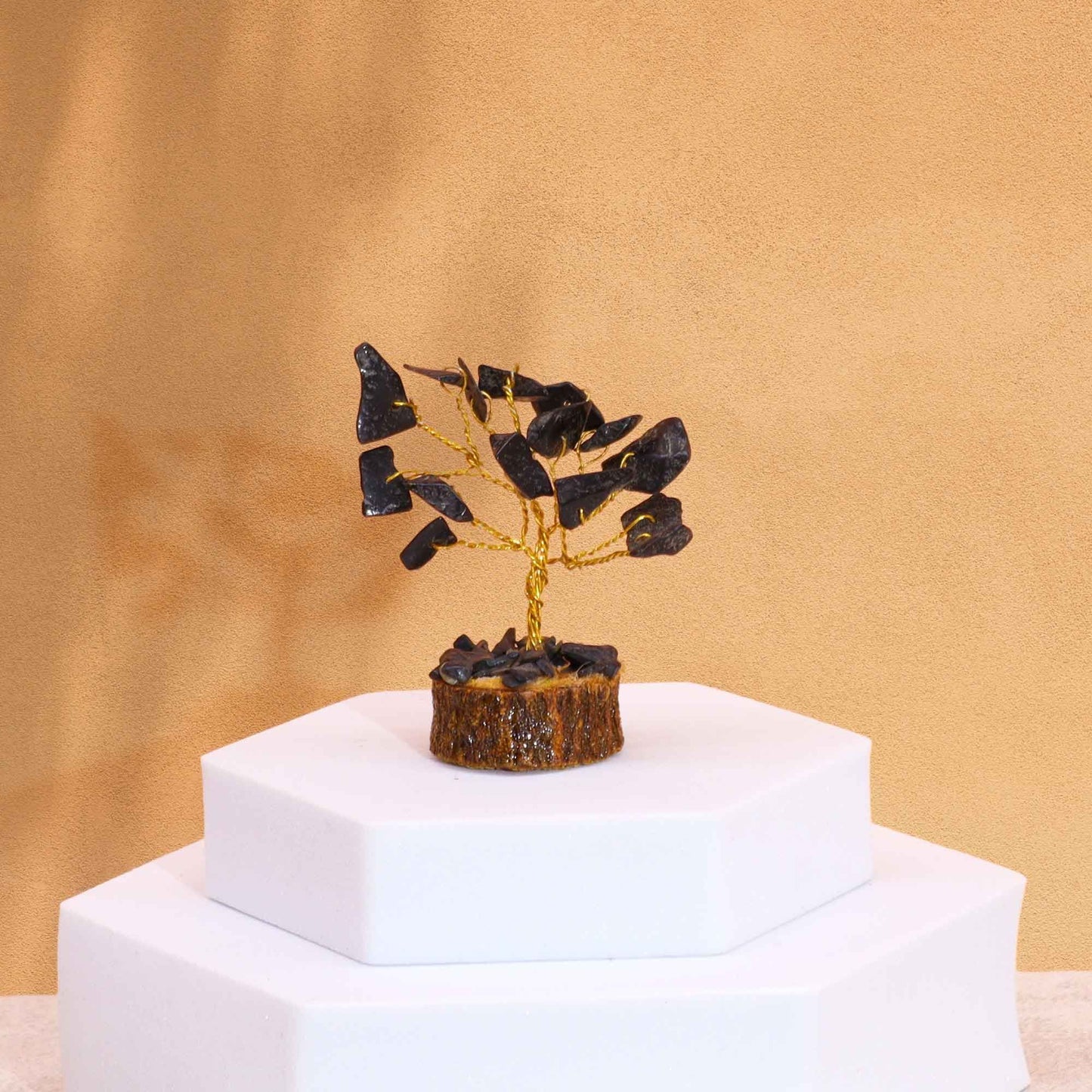 Mini Black Agate Gemstone Tree on Wood Base | 15 Stones | 4x3x6cm | New