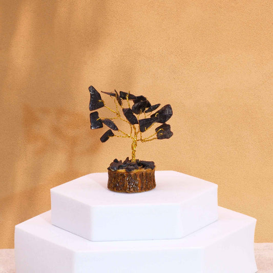 Mini Black Agate Gemstone Tree on Wood Base | 15 Stones | 4x3x6cm | New
