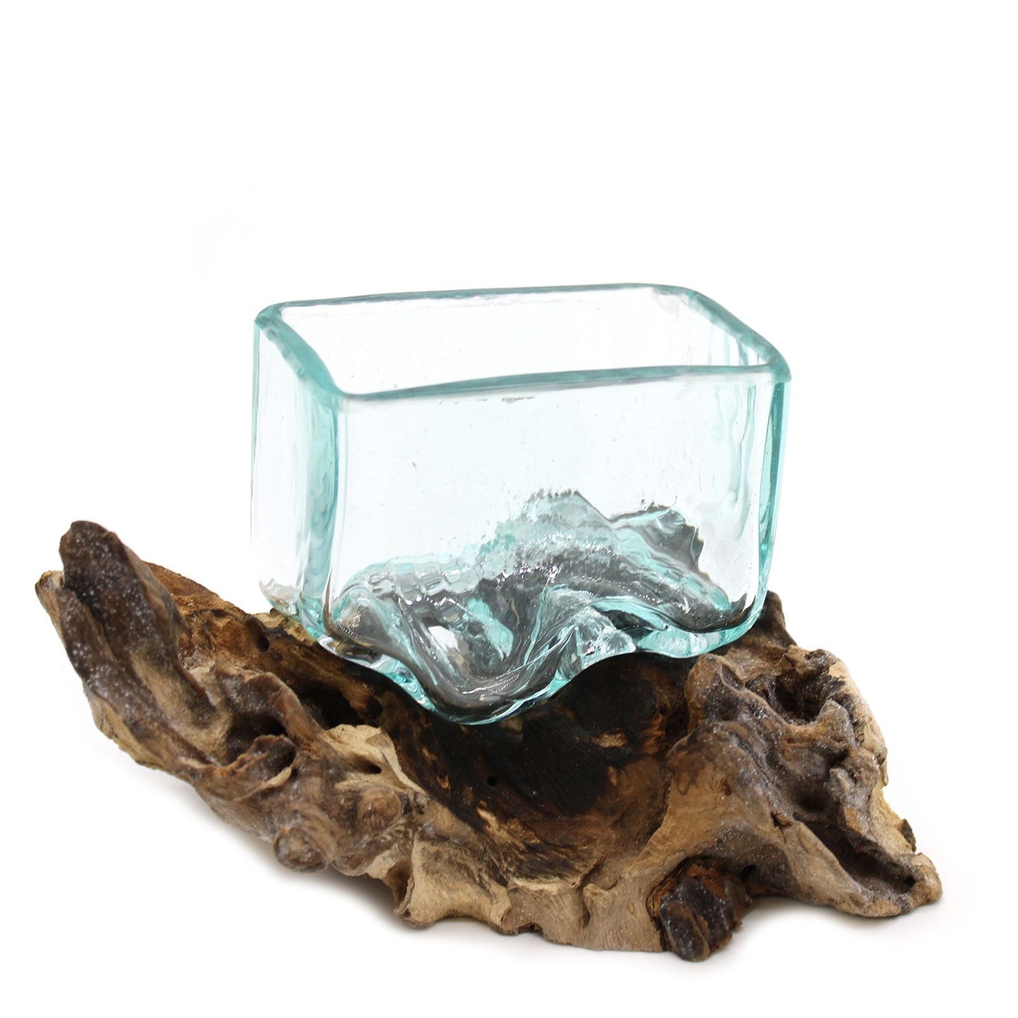 Molten Glass Tank on Driftwood with Stand | Small Bowl | Handmade in Bali | 9x14.5x5.5cm | New