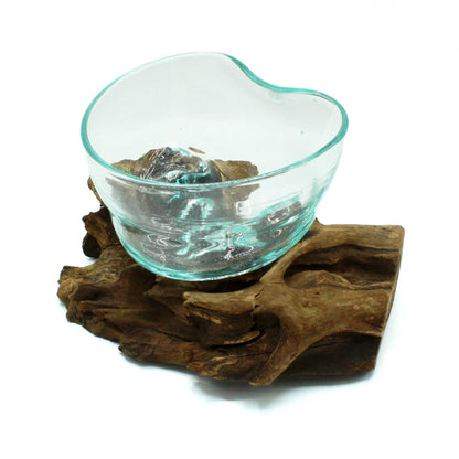 Molten Glass Artfully Misshapen Bowl on Driftwood | Handmade Balinese Art | 2.5kg | New