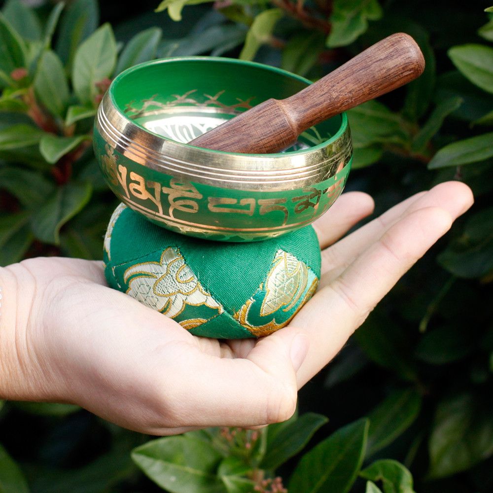 Mini Singing Bowl Gift Set | Green | Hand-Painted | Brass | Pouch and Box | New