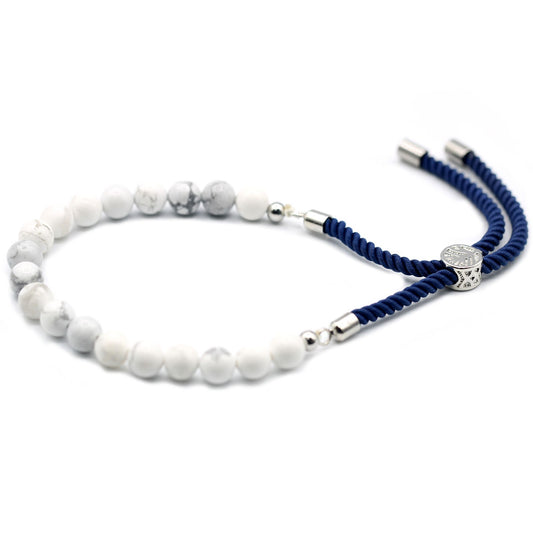 White Howlite String Bracelet | 925 Silver Plated Slider | Navy Rope Cord | Adjustable | Unisex