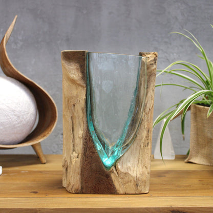 Molten Glass V-Shaped Art Vase on Driftwood | 650ml | Handmade in Bali | New
