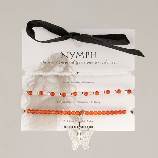 Blood Moon Nymph Spirit gemstone bracelet set of three on its gift card with ribbon