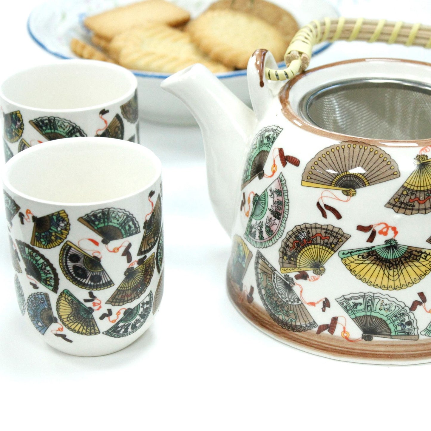 Chinese Fan Design Ceramic Herbal Teapot Set 7 Piece | Artisan Style | Elegant Cultural Tea Gift